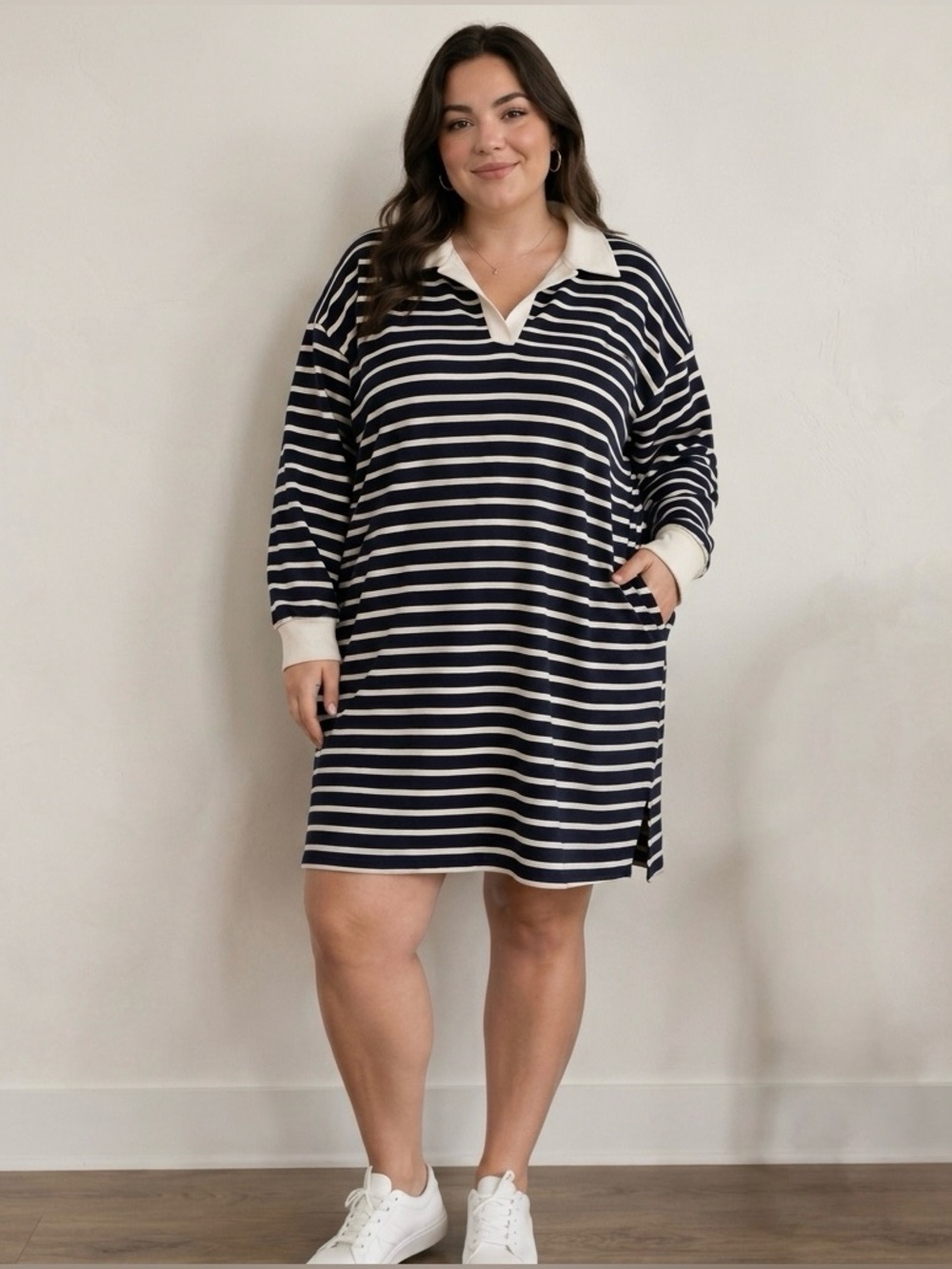 Song Striped Sweatshirt Dress Size XL Navy White Collared Coastal Preppy Comfy
